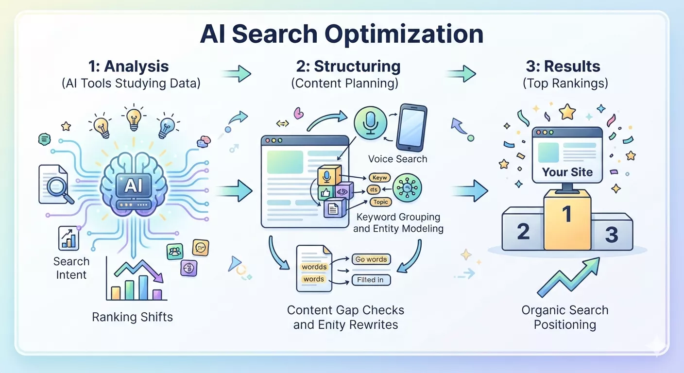 AI search optimization dashboard showing keyword groups and search intent